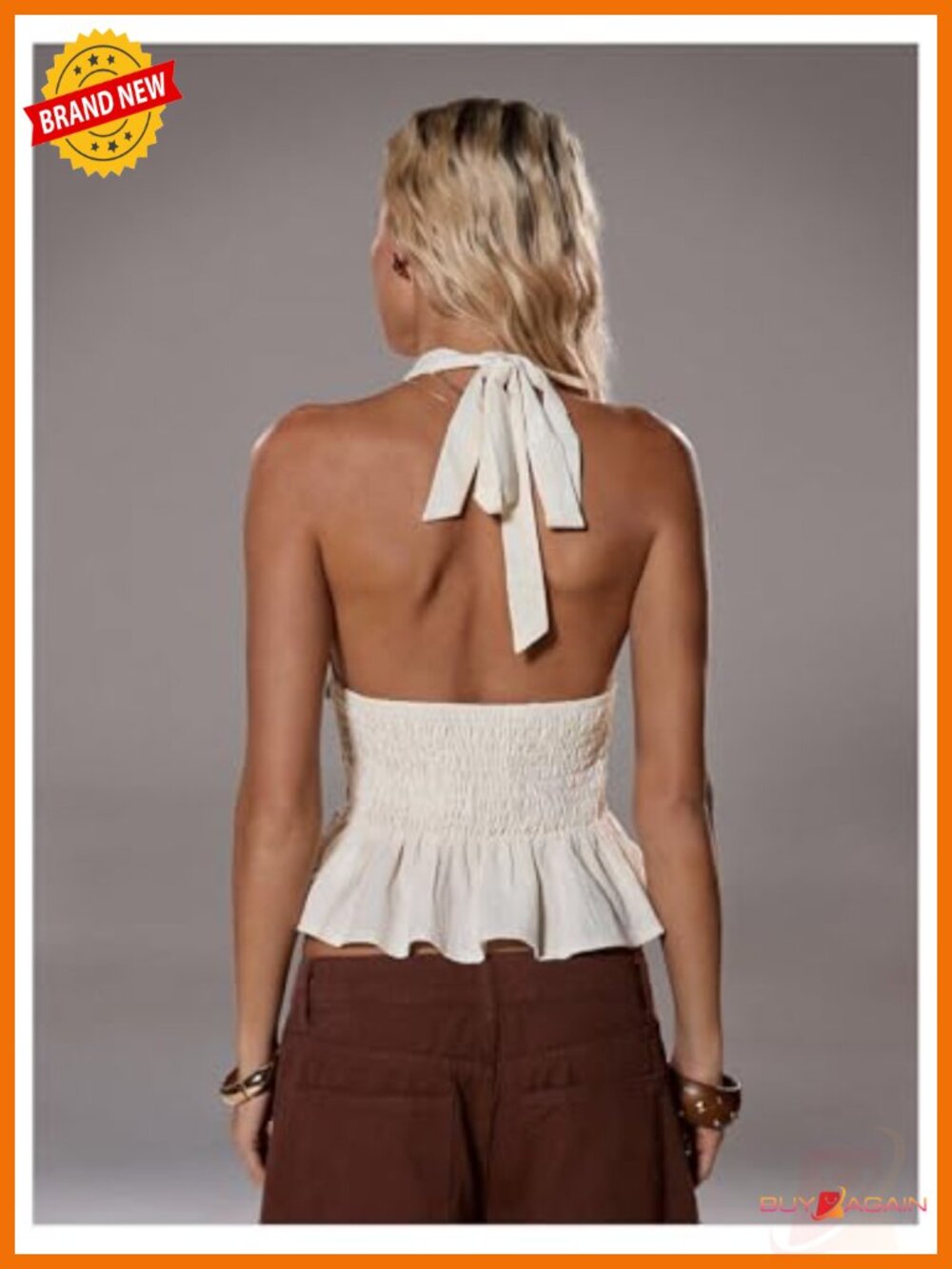 Deep V Halter Top Backless Beaded Ruched Ruffle Going Out Tank - Picture 3 of 6